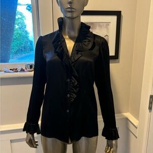 VTG YVES SAINT LAURENT Womens BLACK Long Sleeve Frill SILK CHARMEUSE Blouse Sz S